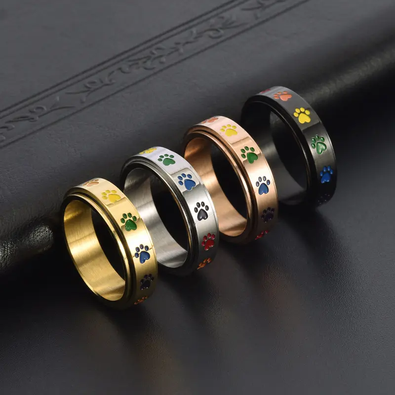 GTHIC Rainbow Paw Print Spinner Ring - Skin-Safe Metal Artificial Gemstone Ring for Female Adults, Animal Lover Casual Pet Dog Memorial Jewelry for Daily Wear