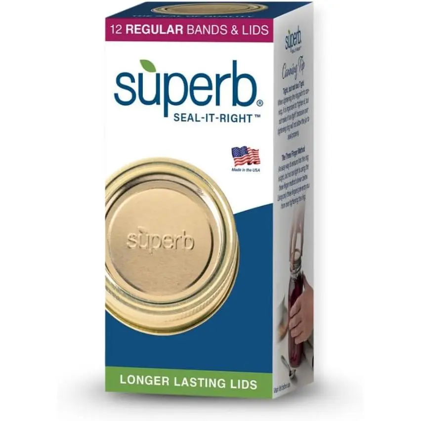 Superb Regular Mouth Mason Jar Canning Lids & Bands Set (12 Per Pack) – Made in USA, Leak-Proof Secure Seal, Reusable Jar Rings, Durable Food Storage & Home Canning Accessories