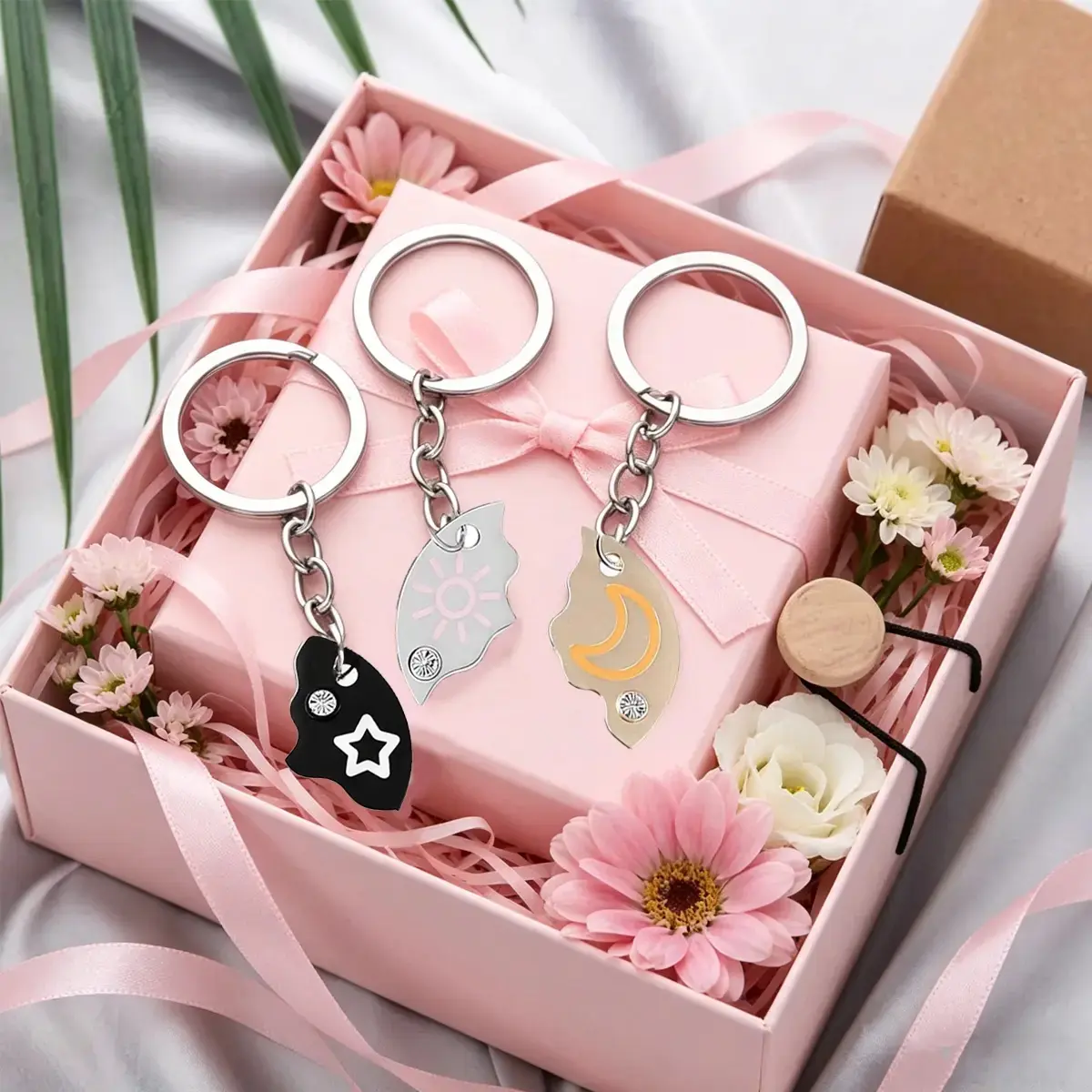 2026 New Set of 3 Round Rhinestone Star Moon Sun Friendship Keychain/Necklace/Bracelet BFF Best Friends Forever Fantasy Cute Pendant for Unbreakable Friendship