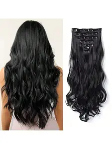 22 Inch Clip In Hair Extensions 7pcs Long Wavy Synthetic Black Hair Extension & Natural Soft Invisible Clip Thick Hairpieces for Women Daily Soft Wavy Curly