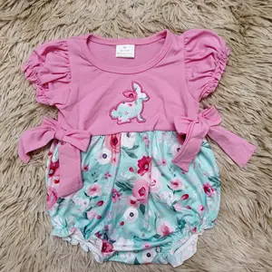 Pink short sleeves floral rabbit embroidery floral printed bubble baby girls Easter romper