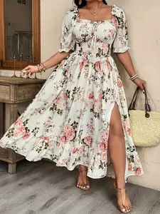 Plus Size Floral Print Dress, Lace Trim Square Neck + Puff Sleeves, High Waist Ruched Design, Flowy A-Line Skirt, French Countryside Style
