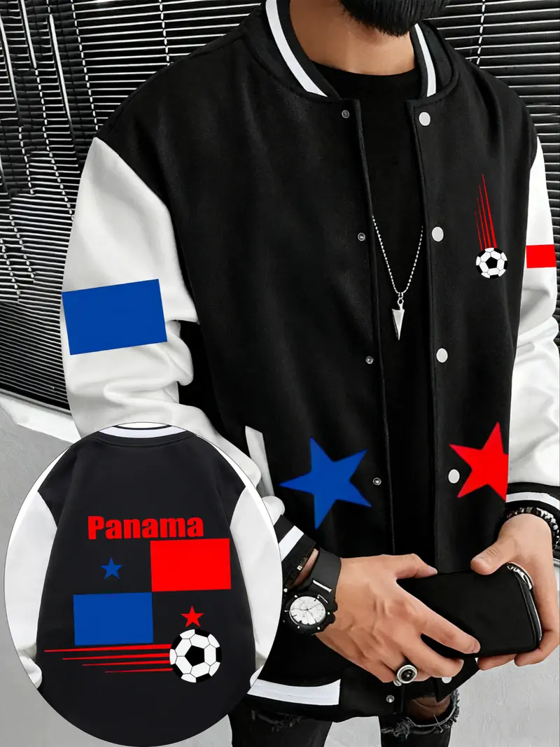 Panama Football Theme American Baseball Jacket, Trendy Colorblock Sport Coat for Men & Women, Street Vintage Casual Outerwear