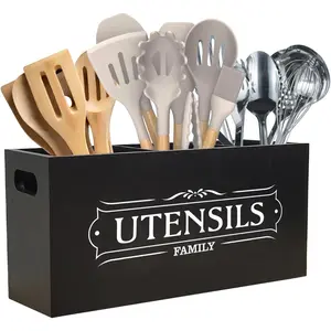 Kitchen Utensil Holder for Countertop-Cooking Utensil Holder, Utensil Holder for Party, Farmhouse Kitchen Decor, Wooden Large Utensil Holder, Utensil Organizer for Countertop (Black)