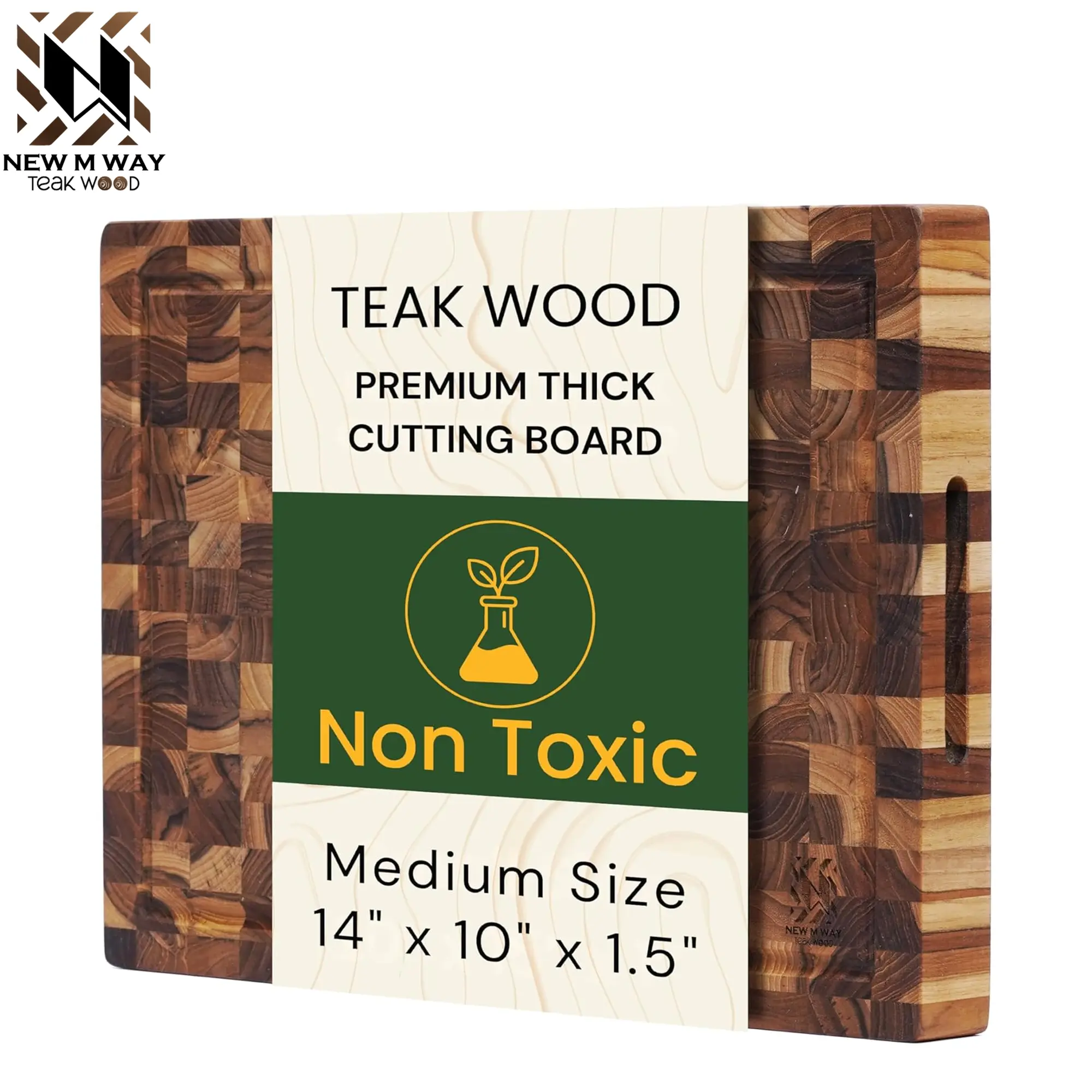 End Grain Teak Cutting Board 14" x 10" x 1.5" Thick Butcher Block for Meat Steak & Kitchen Prep with Juice Groove Handle, Knife-Friendly Solid Hardwood, Non Toxic by New M Way