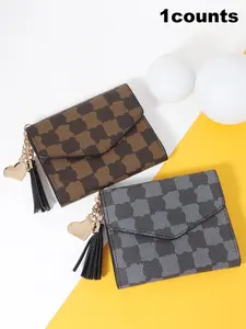 Women's Fashionable Plaid Pattern Short Wallet, Casual PU Leather Wallet, Multi-functional Card Holder, Credit Card Organizer, Tassel Decor Wallet for Women