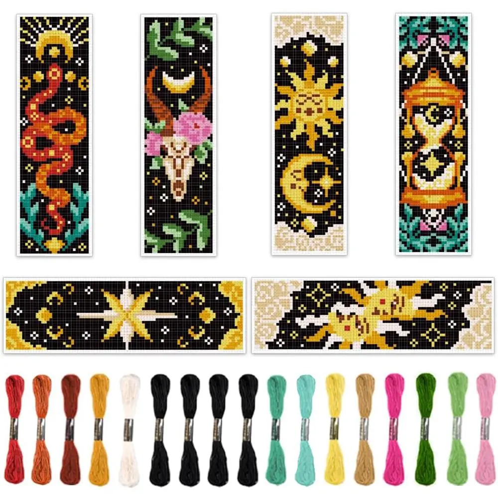 Tarot Divination Themed Cross Stitch Bookmark DIY Art Kit, 6 Counts/set Cross Stitch Fabric, Embroidery Floss, Embroidery Accessories, Geometric Embroidery Design, Suitable for Sewing Enthusiasts, DIY Craft Supplies
