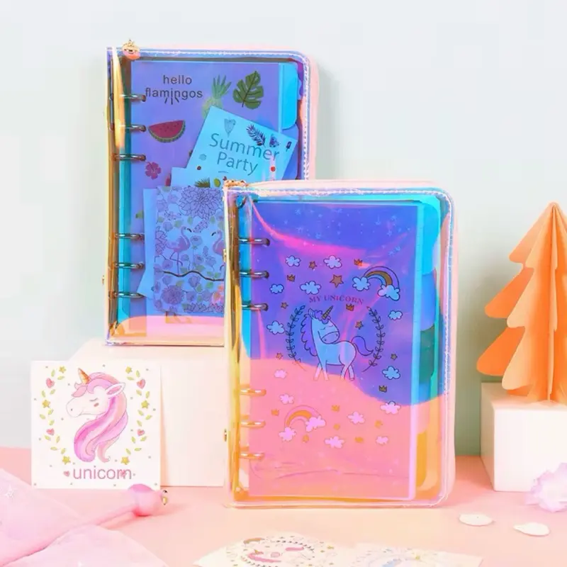 A6 Transparent PVC Binder with Zipper Refillable 6 Ring Binder Featuring Vibrant Unicorn Design