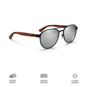 Silvia Fox UV400 Polarized Sunglasses with Black Frames Silver Lenses Genuine Cherry Wood Arms Spring Hinges Comfortable Fit