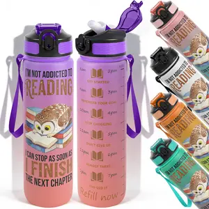 1pc,32oz Water Bottle Reading Owl Stack of Books Im Not Addicted To Reading I Can Stop As Soon As I Finish Design Durable  Leak-Proof 1000ml Time Marker Water Bottle - Shatter-Resistant for Spo