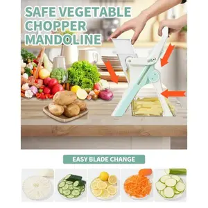 Upright Vegetable Chopper & Safe Slicer - Adjustable Kitchen Mandoline Slicer with Container, Potato Cutter, 6-in-1 Multifunctional Food Chopper, ABS Plastic & Stainless Steel Blades, Handy Brush Included