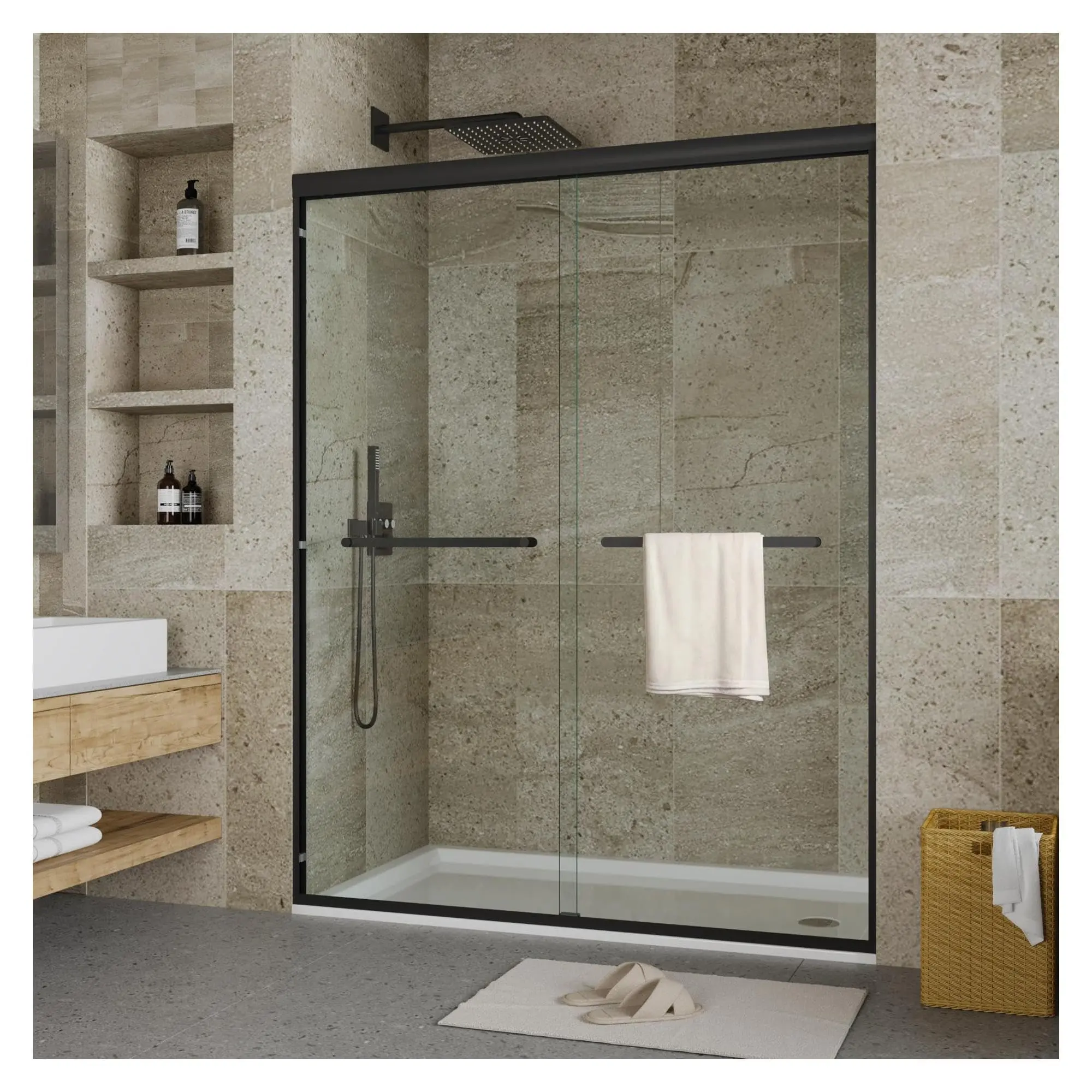 F48" x 72" Frameless Double Sliding Shower Door – 3/8" Tempered Glass with Explosion-Proof Film – Brushed Nickel Hardware – Modern Bathroom Upgrade