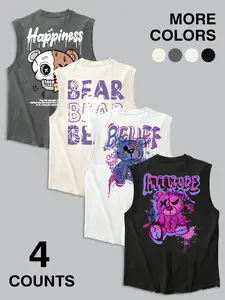 4-Pack Graffiti Bear Graphic Sleeveless Tank Tops | Y2K Streetwear Casual Muscle Shirts Set