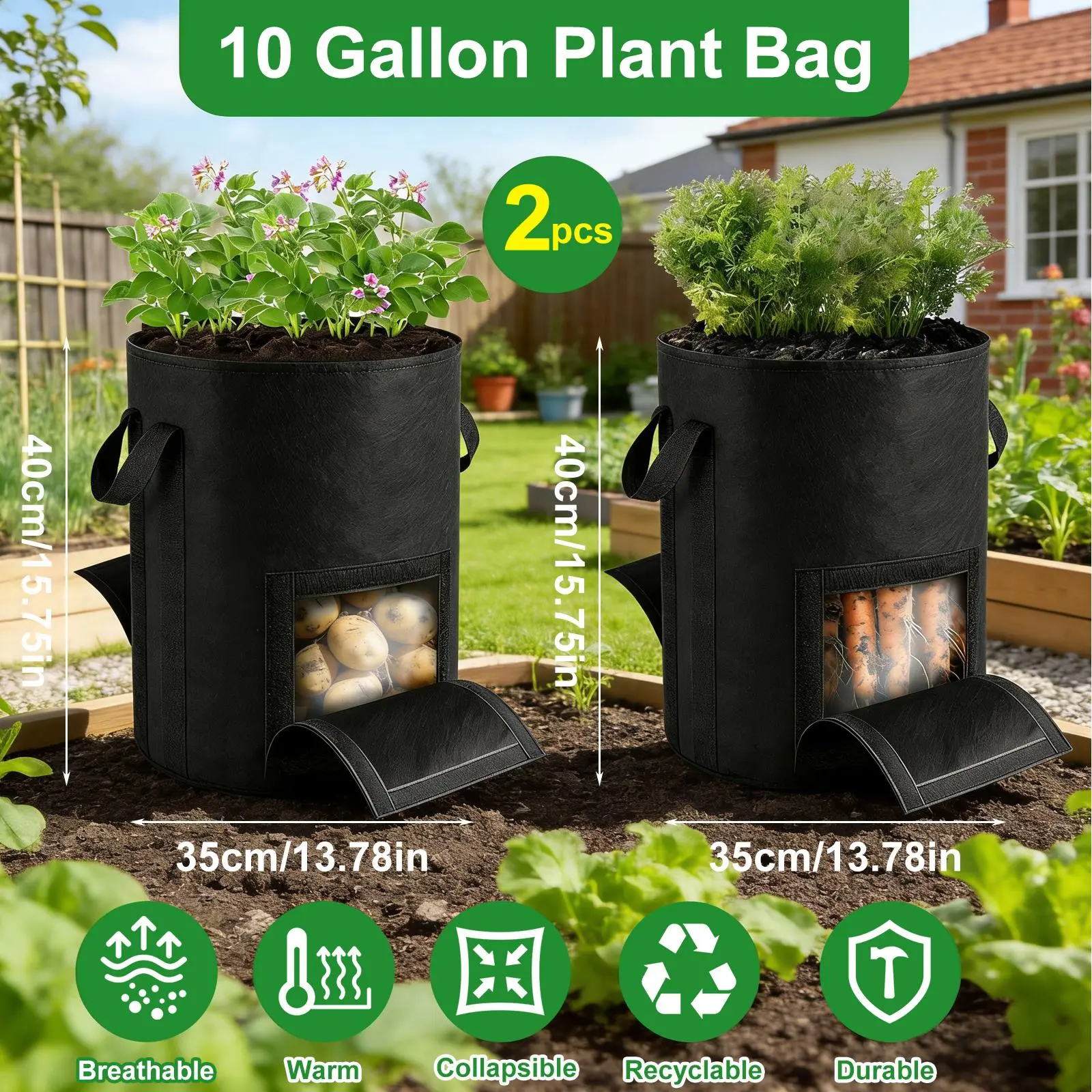 2 Windows Potato Grow Bag 10 Gallon, Heavy Duty Breathable Fabric Plant Container with Easy Harvest Flap for Vegetables, Potato, Tomato Gardening outdoorfun Garden Planter