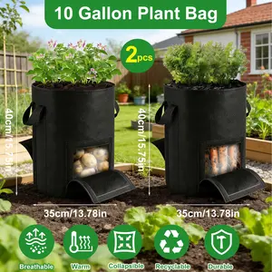 2 Windows Potato Grow Bag 10 Gallon, Heavy Duty Breathable Fabric Plant Container with Easy Harvest Flap for Vegetables, Potato, Tomato Gardening outdoorfun