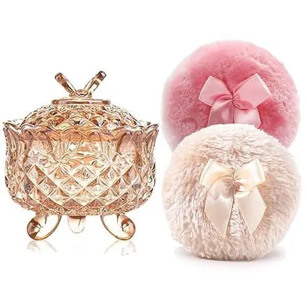 4 Inch Glass Powder Container with 2 Soft Velour Puffs – Butterfly Pattern Loose Powder Storage Jar, Dustproof Vanity Organizer for Makeup, Easter Gift for Her (Amber Design)