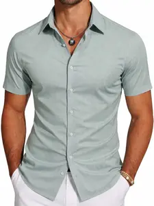 Men’s Short-Sleeve Striped Button-Up Business Formal Shirt for Casual Everyday Wear by the Sea, Beach, and Outdoors