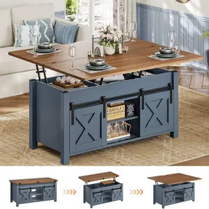4 in 1 Multi-Function Lift Top Coffee Table with Storage and Hidden Compartment Blue