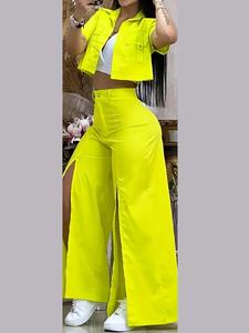 women's solid color shortsleeve crop jacket & wide leg pants set, casual fashion cozy breathable two-piece set for daily outdoor wear, ladies clothes for summer, womenswear