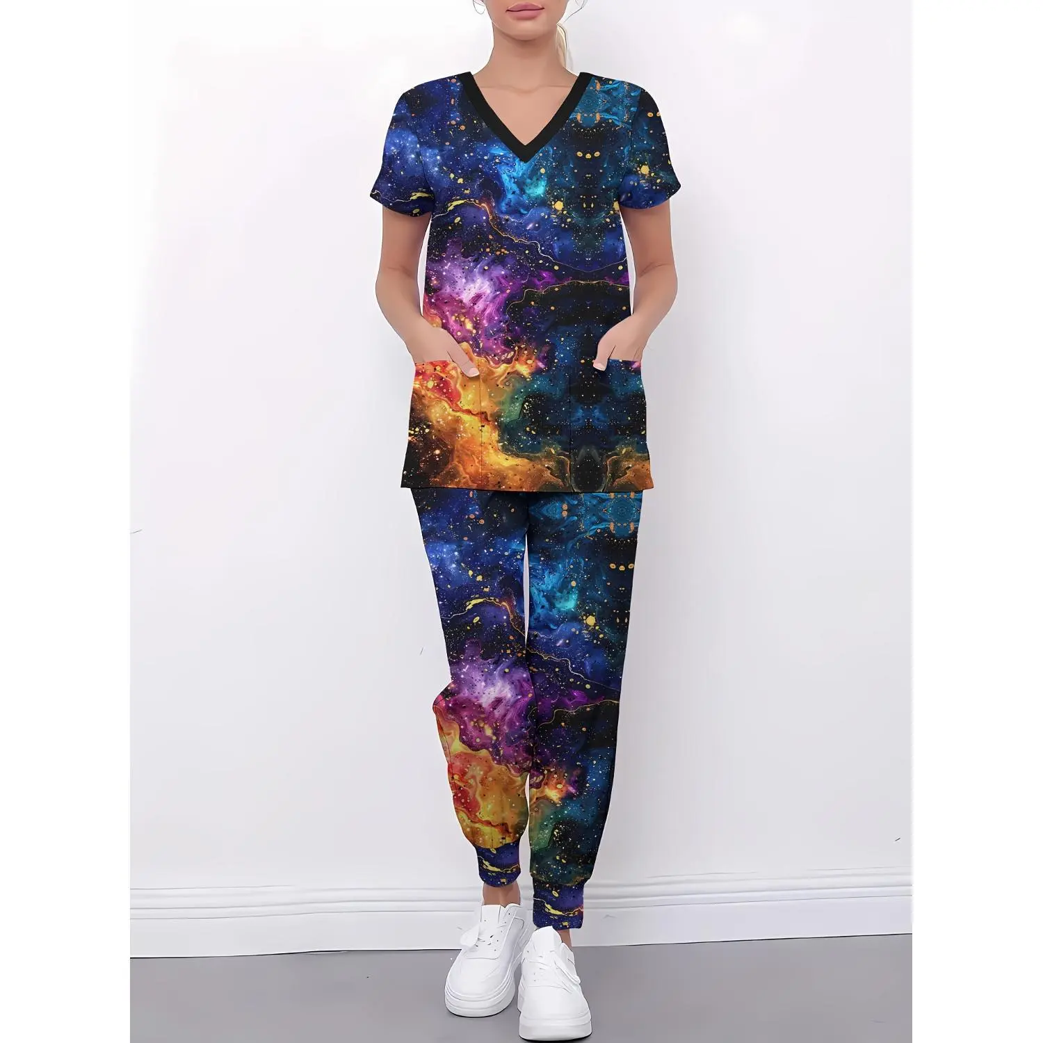 Starry Gradient V-Neck Two-Piece Scrub Set – Women’s Scrub Top and Pants