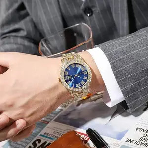 Hot Selling Men’s Quartz Watch, Stainless Steel Band, Roman Numerals & Iced Out Design, Calendar Wristwatch, Hip Hop Fashion Watch for Daily & Streetwear