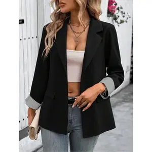 Women’s casual everyday blazer with a blazer collar, contrasting colors, and a striped design