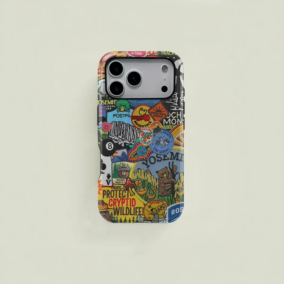 Multi-colored retro American-style mystery creature patchwork protective case, sturdy and durable 2-in-1 case, compatible with iPhone 17/16/15/14/13/12/11 Pro Max/Plus/Pro, Samsung Galaxy S25/S24/S23 Ultra series, simple and stylish phone case.