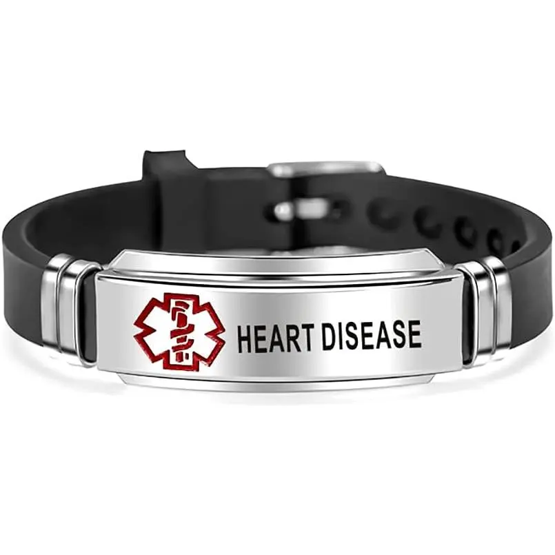 Medical Alert ID Silicone Heart Disease Sport Emergency Bracelet Waterproof Adjustable Bracelets for Women Men