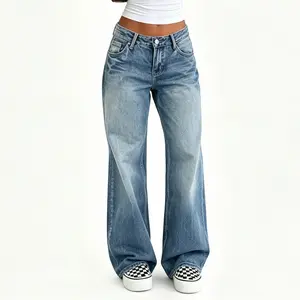 Women's Retro Y2K Wide Leg Denim Jeans, Loose Straight Boyfriend Pants with Pockets, Casual Womenswear Bottom