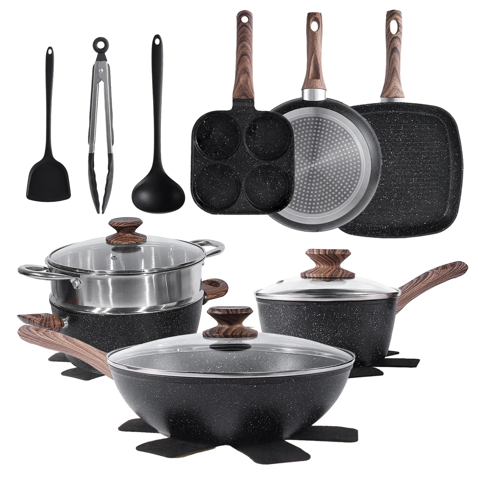 【Black Friday】17-piece non-stick cookware set with elegant wooden handles, frying pan, stew pot, steamer, suitable for induction cooktops, kitchen cooking set, oven safe, high temperature resistant