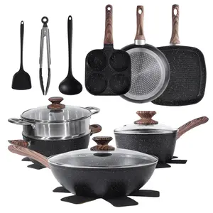 【Black Friday】17-piece non-stick cookware set with elegant wooden handles, frying pan, stew pot, steamer, suitable for induction cooktops, kitchen cooking set, oven safe, high temperature resistant