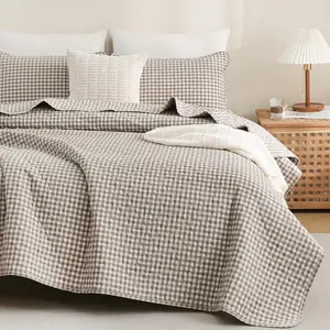 Tan Gingham Quilt Bedding Set  Washed  Bedspread Coverlet Like Linen Feel Soft Comfy Breathable 3 count Brown Plaid Checkered Lightweight Comforter Set for  Season,  96"x90"