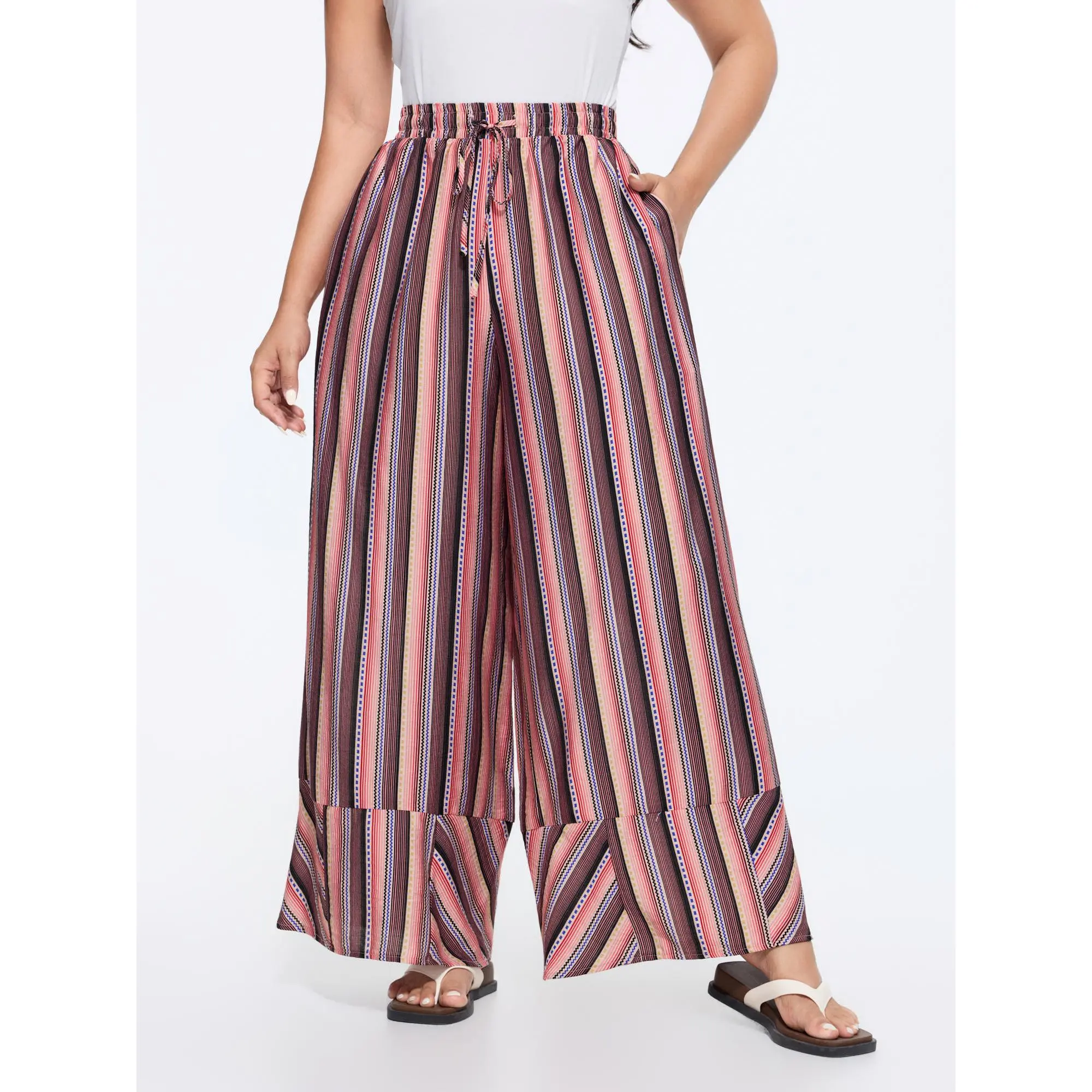 BLOOMCHIC Plus Size Boho Striped Print Wide-Leg Pants [M-6X]  ,Summerfinds