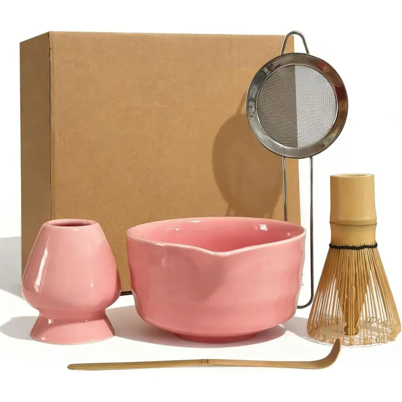 Traditional Ceramic Matcha Whisk Set with 5-Piece Components, 18 oz Making Bowl & Tea Scoop for Starters