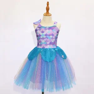Girls’ Mermaid Scale Puffy Skirt One-Piece Dance Performance Dress in Blue‑Purple Gradient with Glitter Mesh