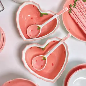 Stylish Heart-Shaped Ceramic Tableware Bowl with Spoon, Strawberry Pattern