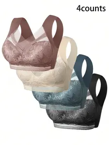 Women's Contrast Floral Lace Medium Wireless Bra,Contrast Mesh Push Up Bra,Soft Comfortable Breathable Lingerie for All Seasons,Women's Clothing,Womenswear,Wireless Padded Bra,Underwear