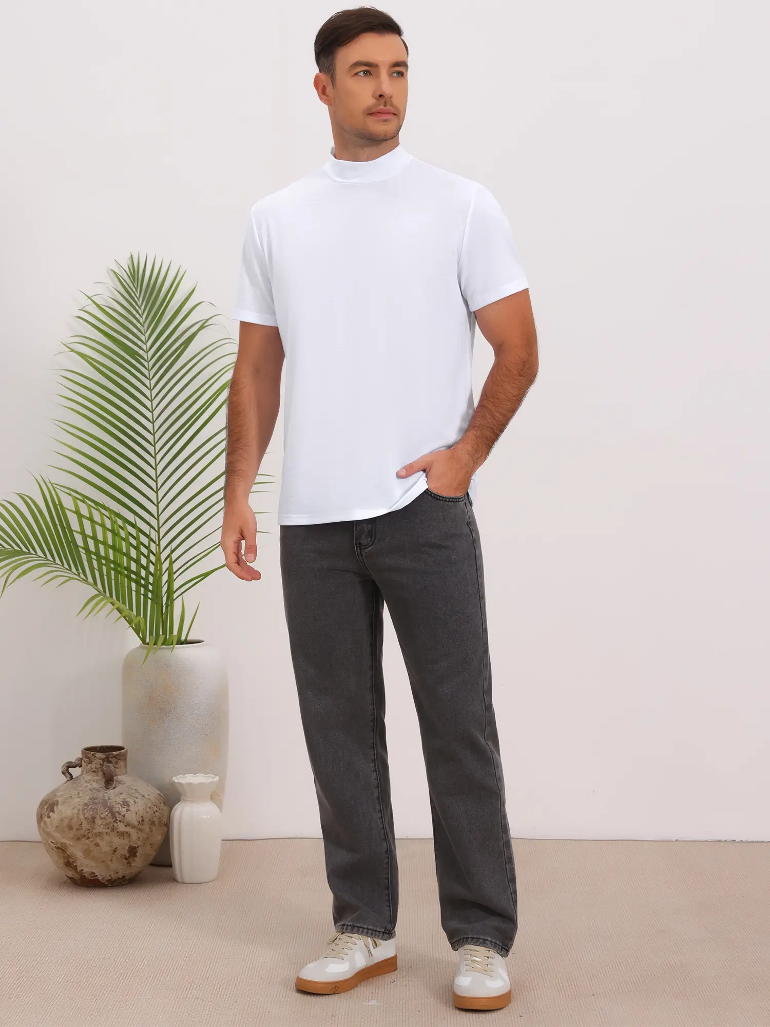 INSPIRE CHIC Men's Cotton Mock Turtleneck T-Shirts Short Sleeve Casual Undershirt T-Shirt
