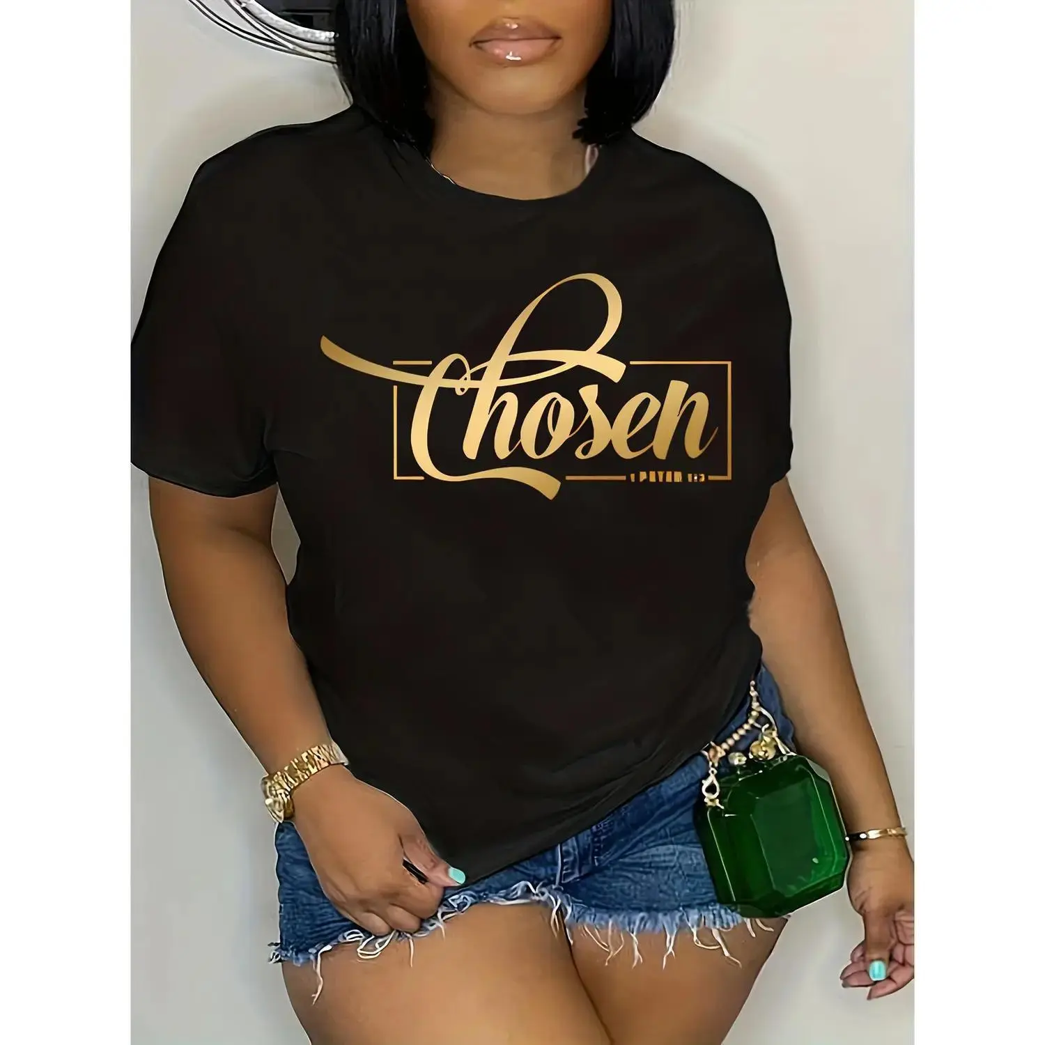 [Cozy Comfort, "Chosen" T-Shirt] Soft, Relaxed Fit "Chosen" Graphic T-Shirt | Cozy Comfort, Casual Black with Golden Cursive Print, Short Sleeve, Crew Neck, Ideal for Spring & Summer