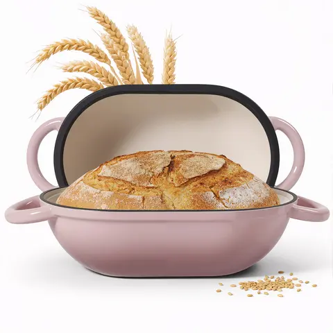 Classic Oval Enameled Cast Iron Dutch Oven - Durable Bread Oven, Corrosion-Resistant Kitchen Bakeware, Steam Trap Lid, 2 Pot Holders Incl., Crispy Crust & Soft Center Results, Baking Supplies (Red or Blue)