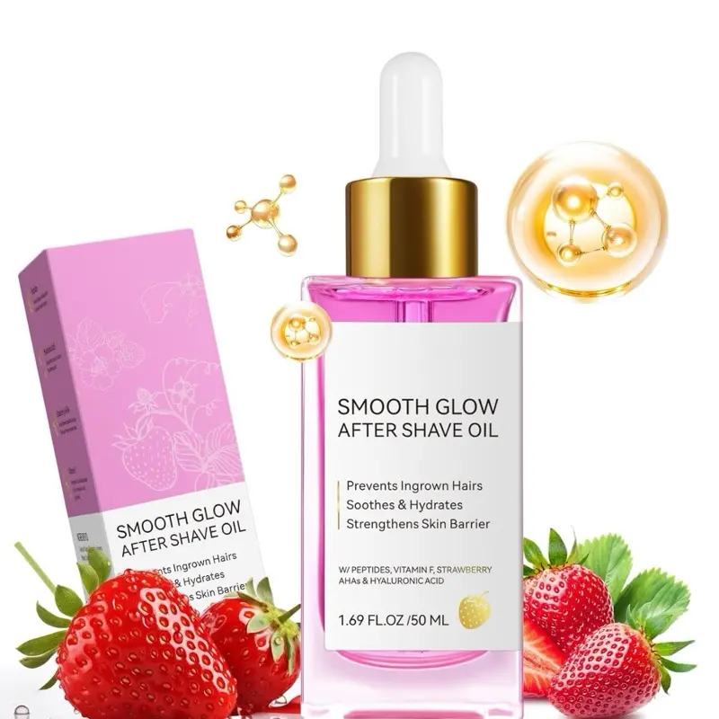 After Shave Oil Women for Smooth Skin, Strawberry Shaving Oil with Peptides & Hyaluronic Acid - Razor Bump Prevention & Anti-Aging Treatment for Ingrown Hair, Hydration & Soothing (50 ML)