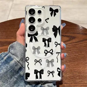 Phone case: Minimalist Black and White Plaid Bow Collection Transparent Thickened Shockproof Hard Case with Magnetic Ring Supports Wireless Charging for  for Galaxy S25  S24 S23 Plus FE S22 Ultra A14 A15 A16 A35 A36 A54 A56 NOTE 20 Ultra