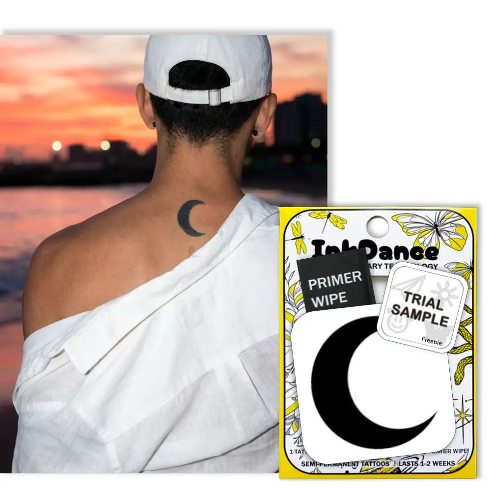InkDance Semi-Permanent Tattoo, Midnight Crescent, Moon Long Lasting Temporary Tattoos for Men and Women, Waterproof Plant-Based Ink, Lasts 1-2 Weeks, Color Develops in 24 Hours MNF160
