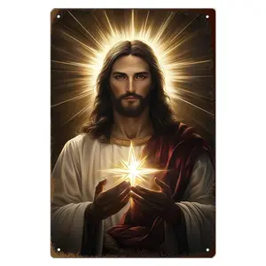 [Aluminum plate signboard]1pc Jesus Theme Metal Wall Art - Vintage Iron Poster with Sacred Light Background, 8x12 Inch, Inspirational Wall Decor for Living Room, Bedroom, Bar, Home & Office, Bedroom Wall Art |     Elegant Wall Art |     Vibrant Colors, In