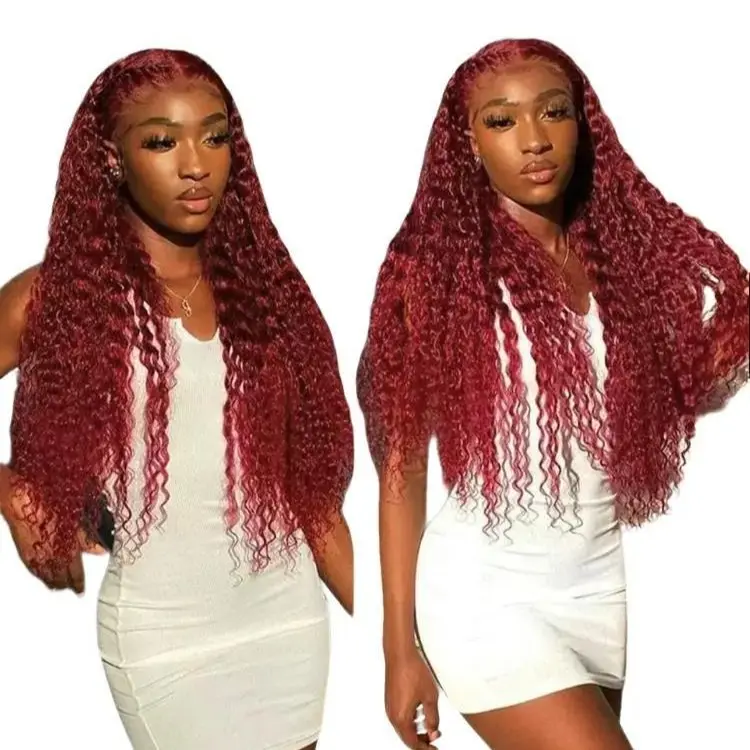 Women's 99J Burgundy Deep Wave 13x6 HD Lace Front Wig, Brazilian Virgin Human Hair, Glueless Clip, Pre-Plucked, Soft, Heat Resistant, Natural Appearance, Female