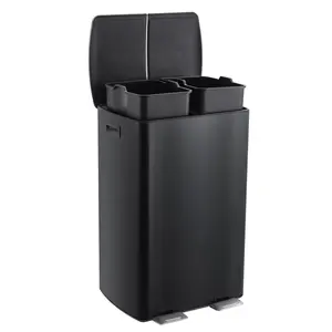 Silver/Black Stainless Steel Dual Waste Bin, 16 Gallon 60L Commercial Recycling Can with Hands-Free Foot Pedals, Quiet Soft-Close Lids & Double Inner Buckets