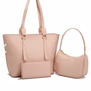 Elegant Set of 3 Pink Tote Bags with Braided Handles and Zipper Closure for Everyday Use