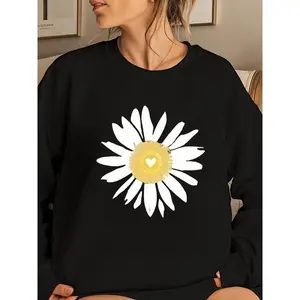 Women's Long Sleeve Crew Neck Sweatshirt with White Daisy Floral Print - Cozy Fall Winter for Casual Outfits - Soft Loungewear for Women - Stylish Printed Sweatshirt