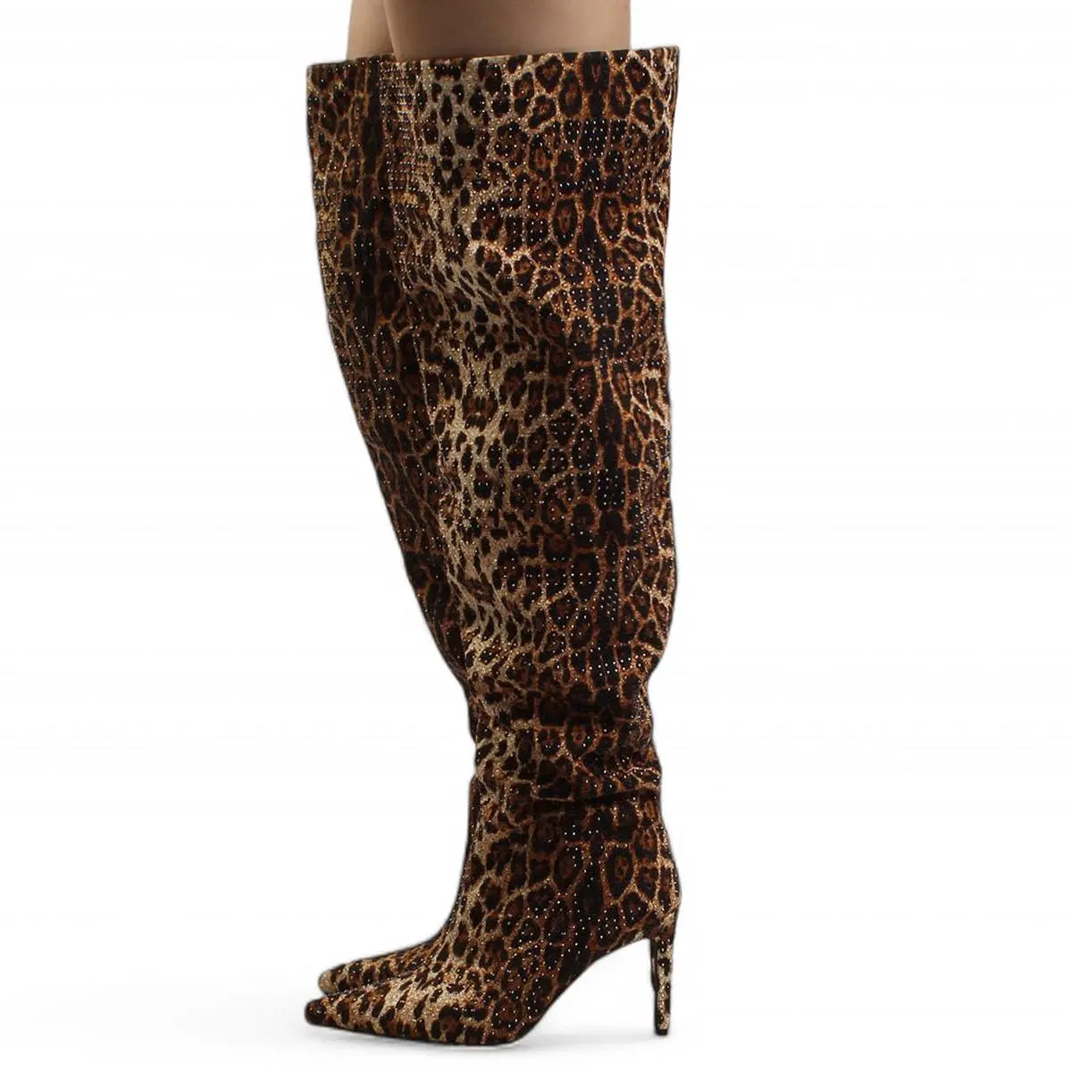 Women's Leopard Animal Print Over-the-Knee Boots, Pointed Toe Stiletto, Adjustable Shaft, Sparkle Print, Statement Look