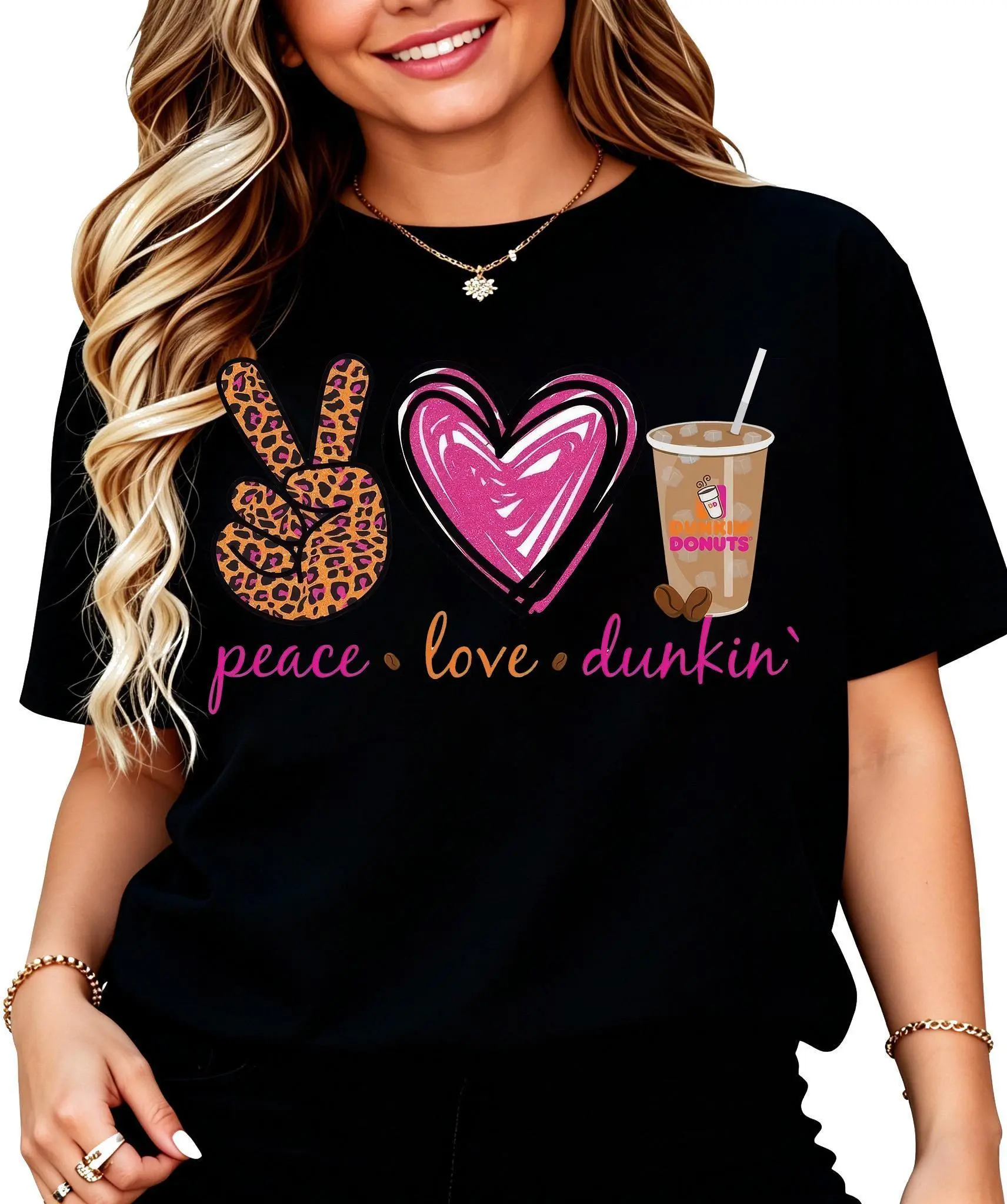 Women's Black Graphic T-Shirt - Funny "Peace Love Dunkin'" Coffee Cup Design - Soft Breathable Cotton Everyday Tee for Dunkin' Fans, Casual Outfits & Lounge Wear - Machine Washable Everyday Essential, Ladies T Shirts, Summer Party Top, Playful Print Shirt